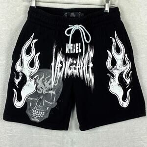 Rebel Vengeance Sweat Shorts Men M Black Skull MMA Jiu-Jitsu Distressed Metal